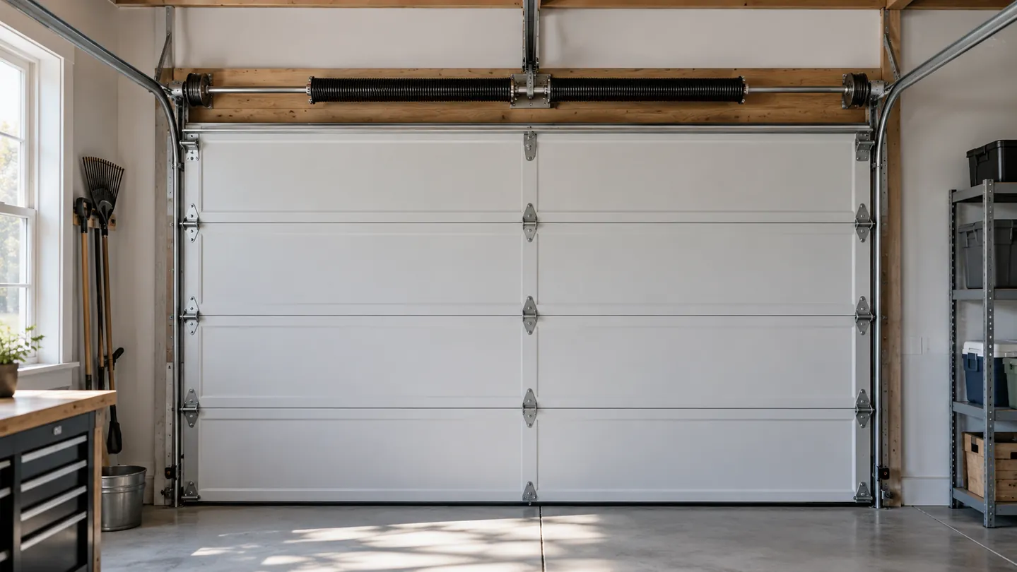 Torsion spring and shaft centered above the header of a fully closed white sectional garage door
