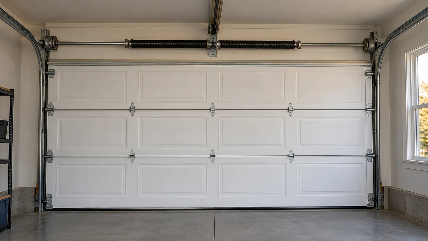 Torsion spring and shaft centered above the header of a fully closed white sectional garage door