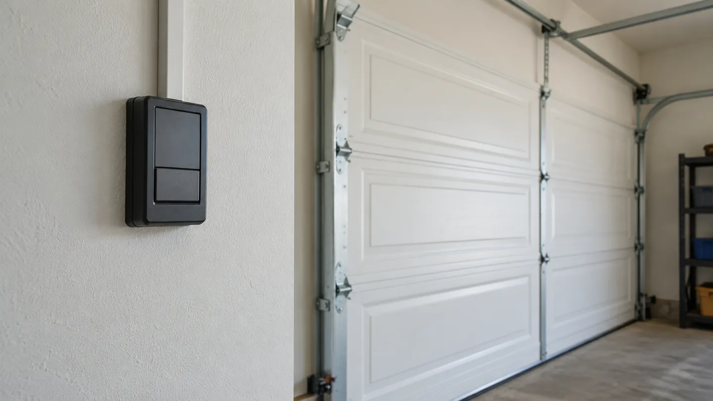 An unbranded wall-mounted garage-door control with neatly concealed wiring on a pale neutral garage wall, closed ivory garage door softly visible beyond