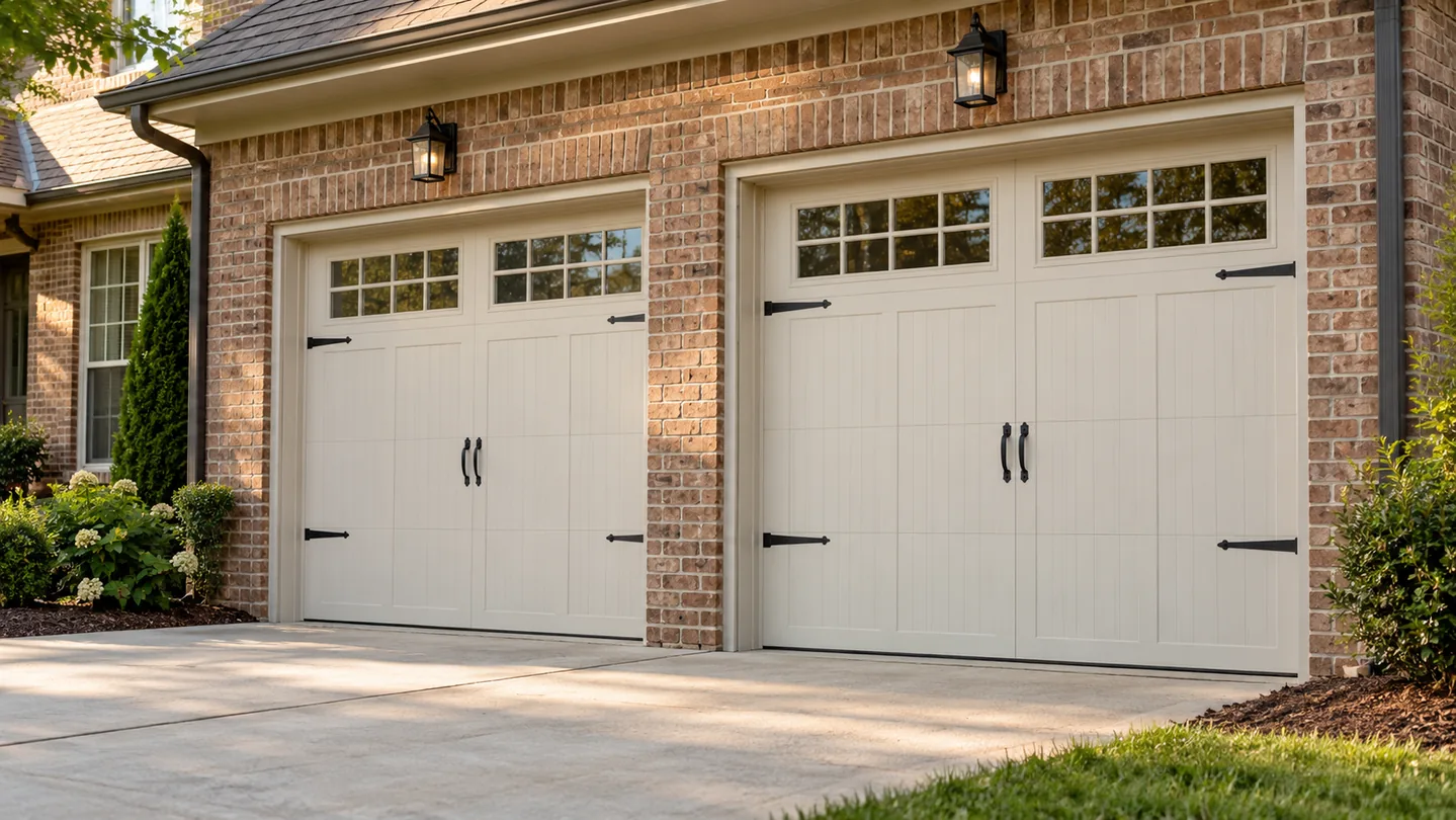 Cream carriage-style sectional garage doors on a brick home
