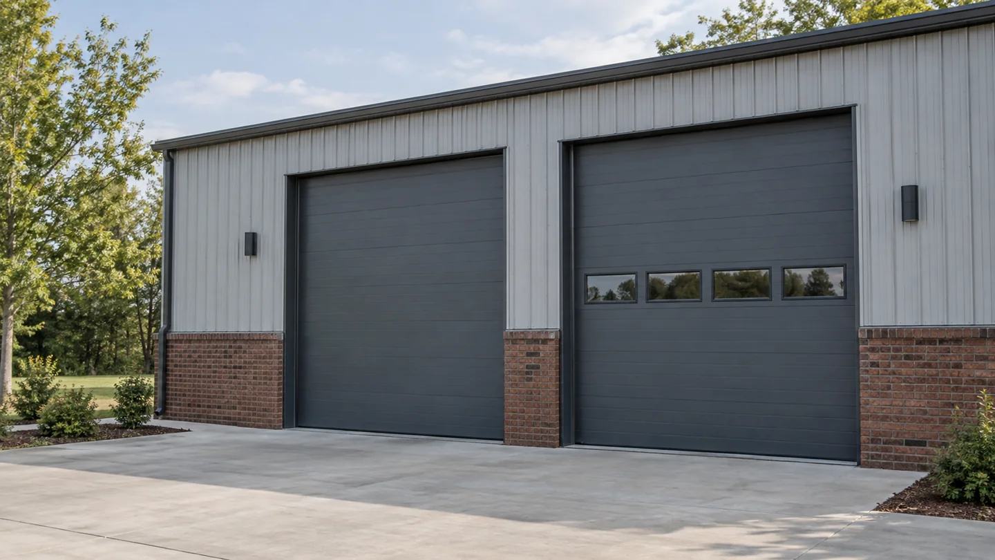 Gray commercial sectional overhead doors on a small-business building