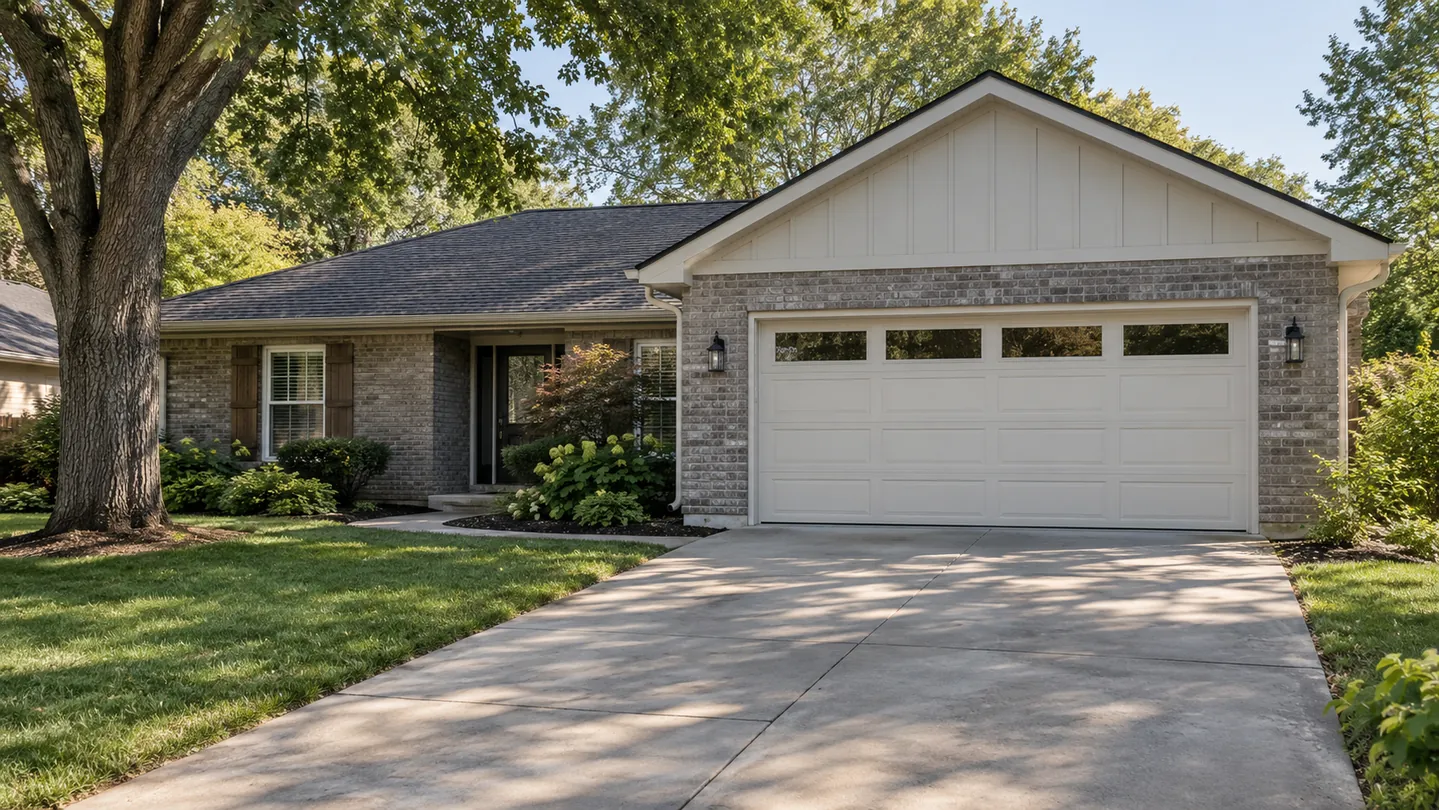 Gray brick ranch, cream garage door with a single row of rectangular windows, mature trees, a modest suburban middle tennessee setting