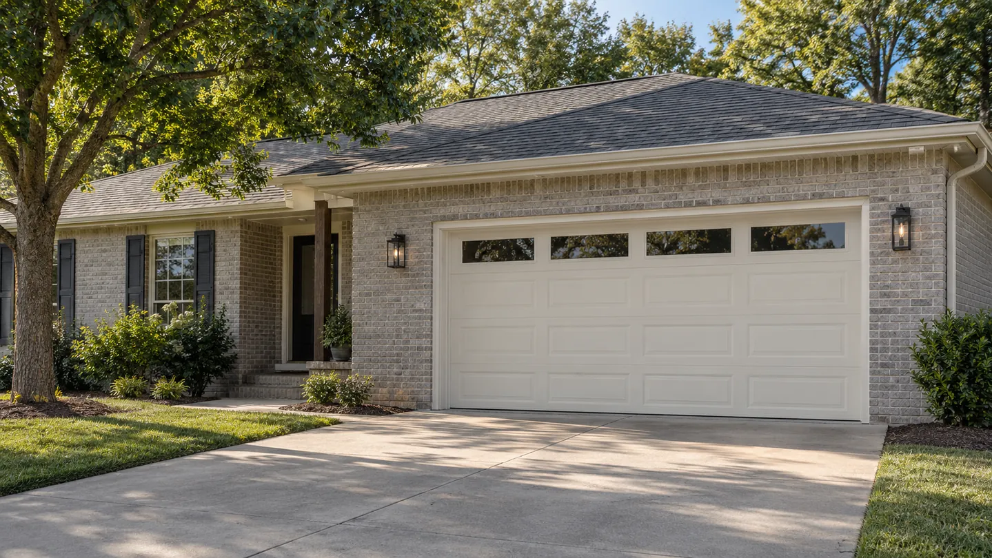 Gray brick ranch, cream garage door with a single row of rectangular windows, mature trees, a modest suburban middle tennessee setting