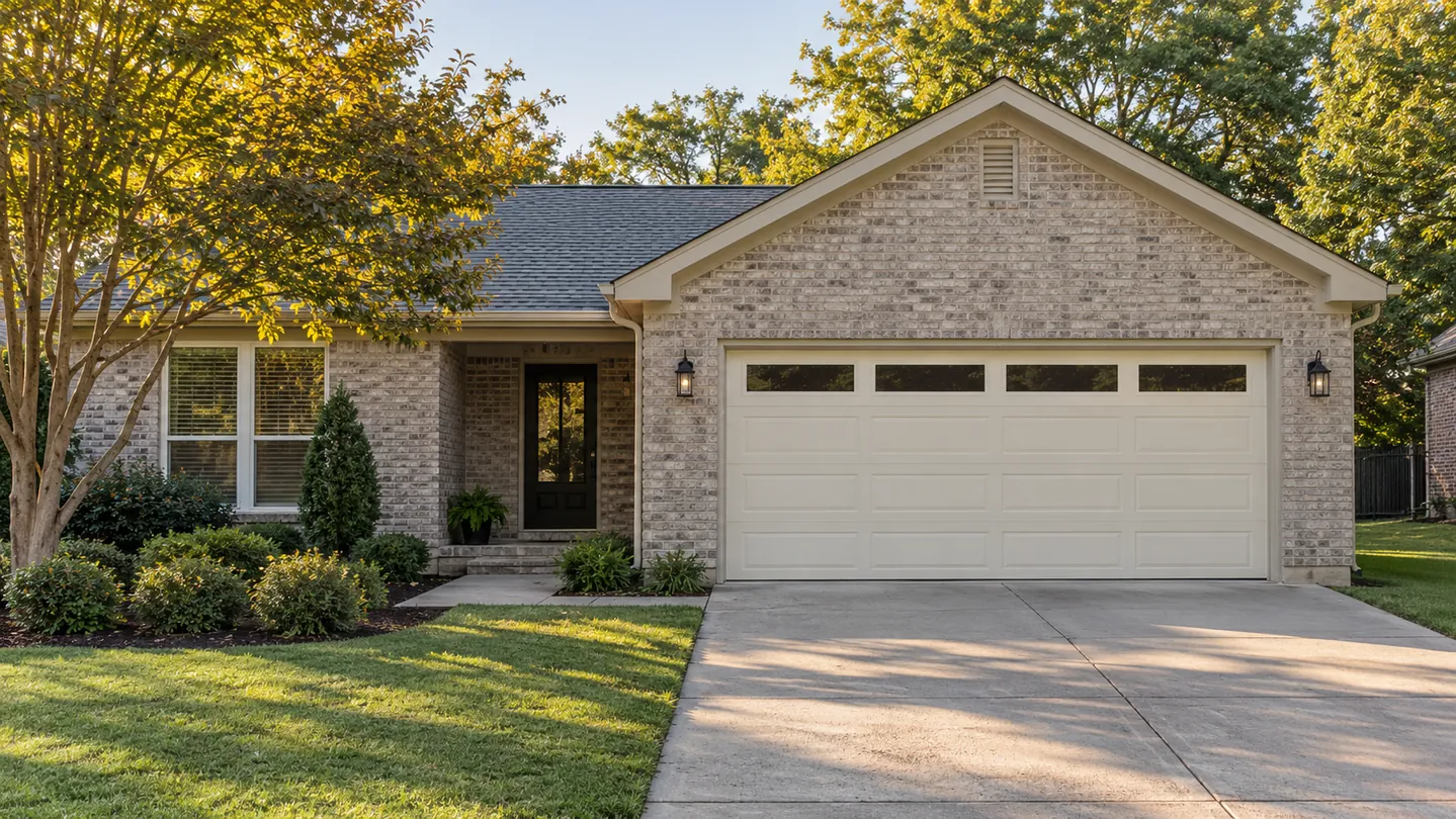 Gray brick ranch, cream garage door with a single row of rectangular windows, mature trees, a modest suburban middle tennessee setting