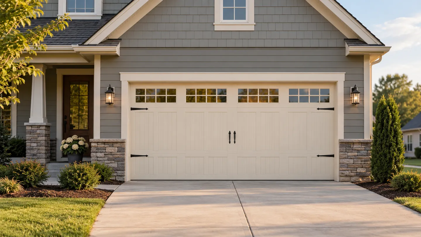 Gray siding craftsman house, warm ivory carriage-style garage door, simple stone trim, a modest suburban middle tennessee setting