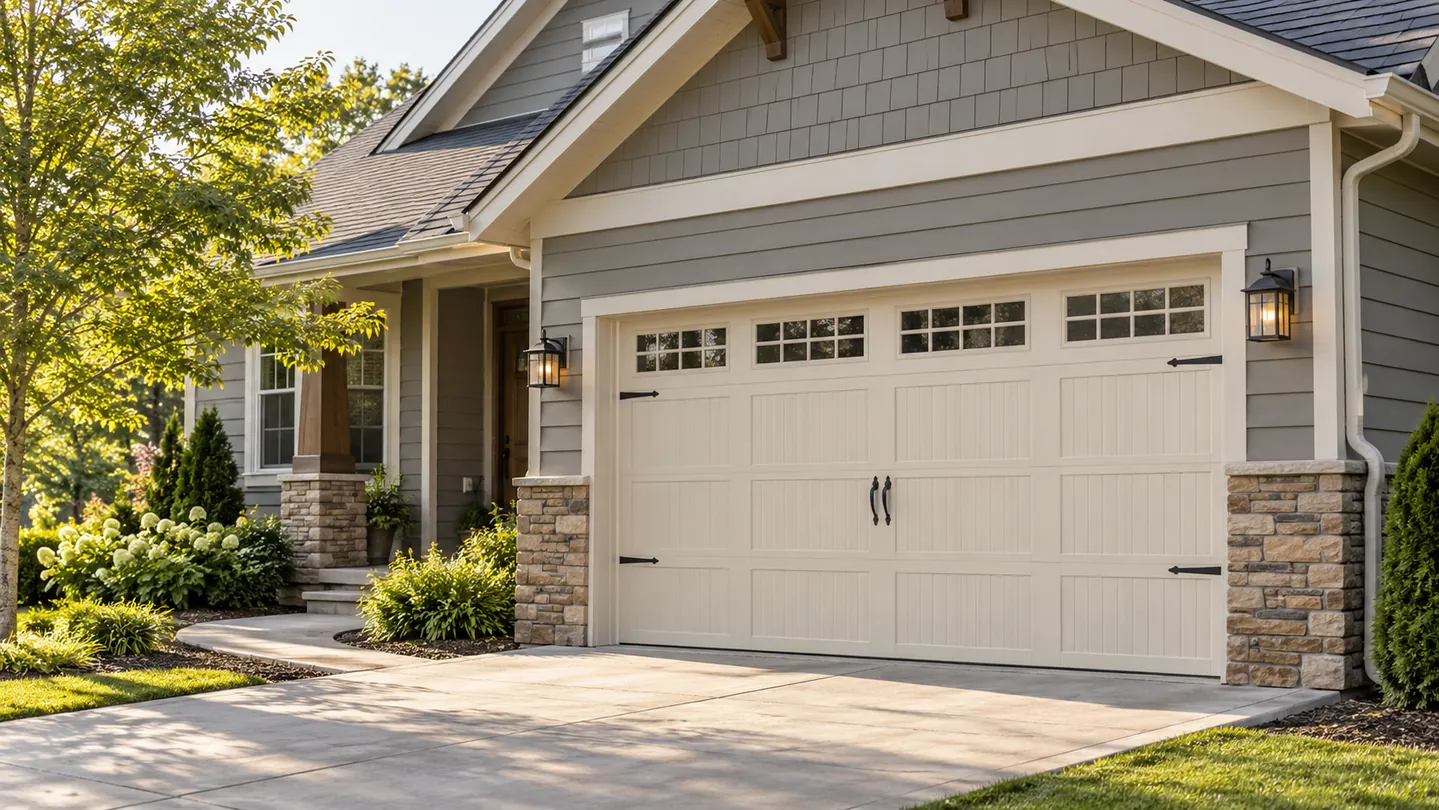 Gray siding craftsman house, warm ivory carriage-style garage door, simple stone trim