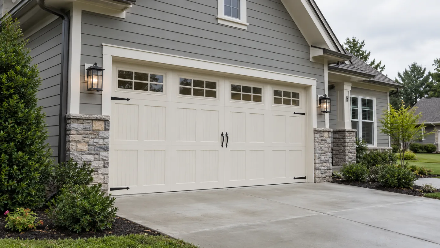 Gray siding craftsman house, warm ivory carriage-style garage door, simple stone trim, a modest suburban middle tennessee setting
