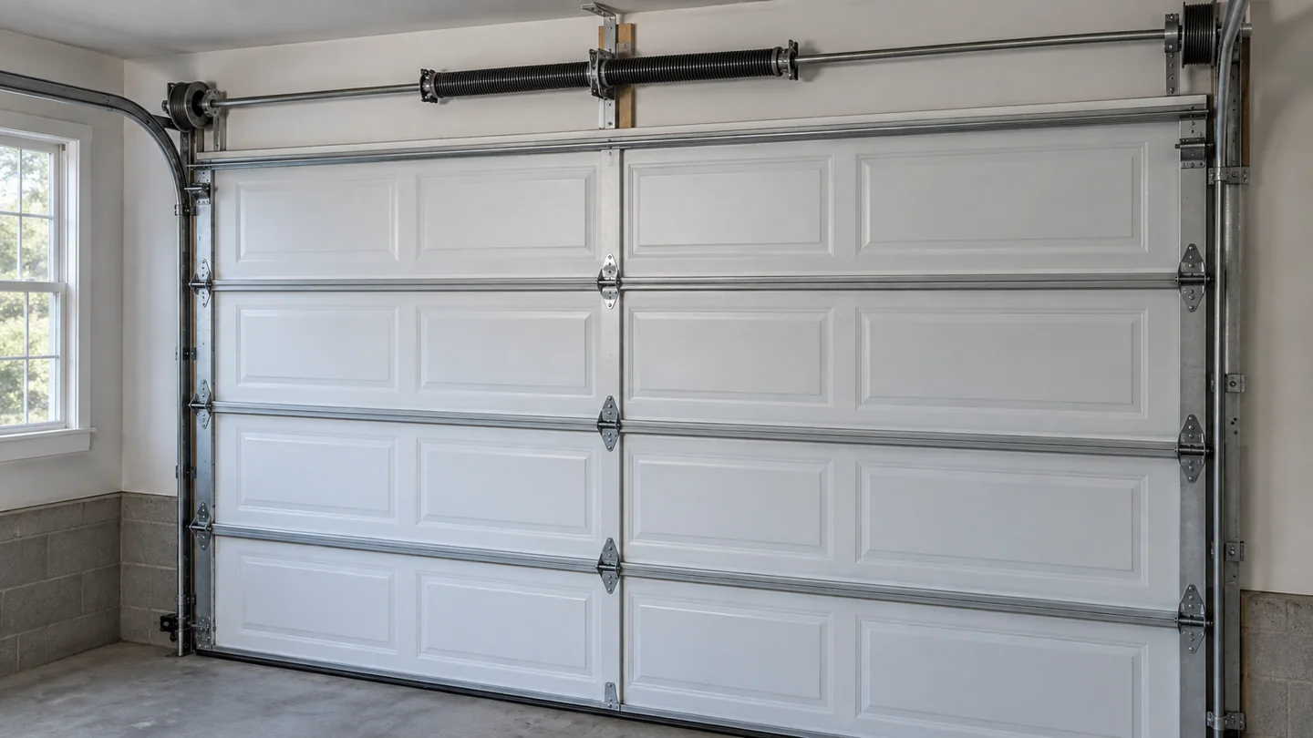Torsion spring, tracks and hinges above a closed white sectional garage door