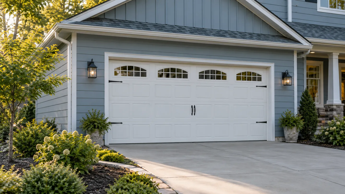 Muted blue siding home, white garage door with small arched windows, native shrubs