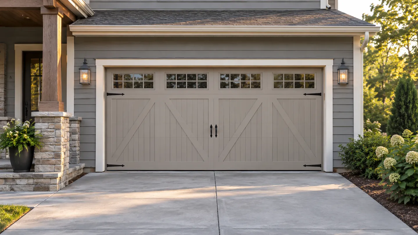 One closed light-taupe carriage-style garage door on a gray-sided craftsman home with a small stone porch and shrubs