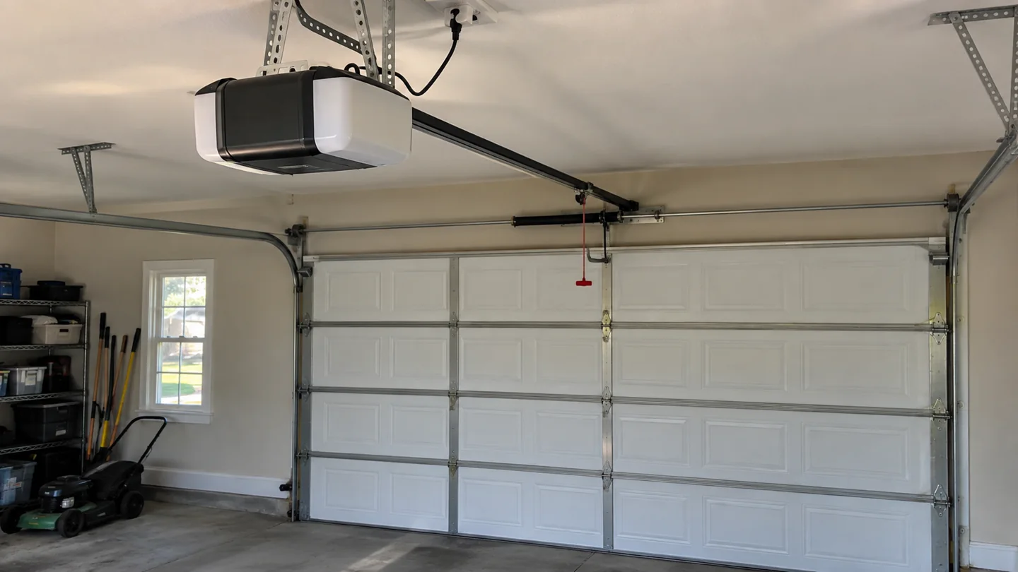 Ceiling-mounted garage door opener above a closed sectional door