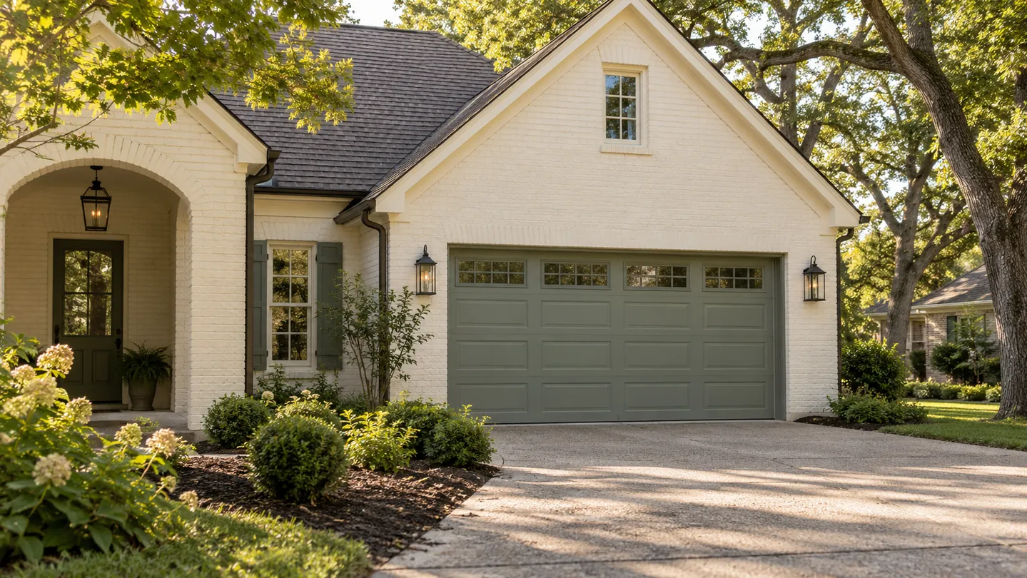Painted cream brick cottage, sage-green sectional garage door, oak trees, a modest suburban middle tennessee setting