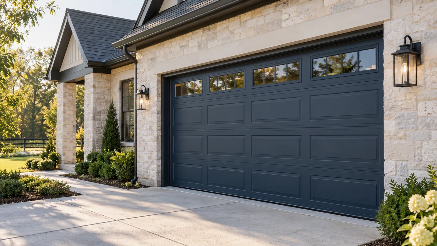 Pale stone house, navy sectional garage door, subtle black exterior lanterns