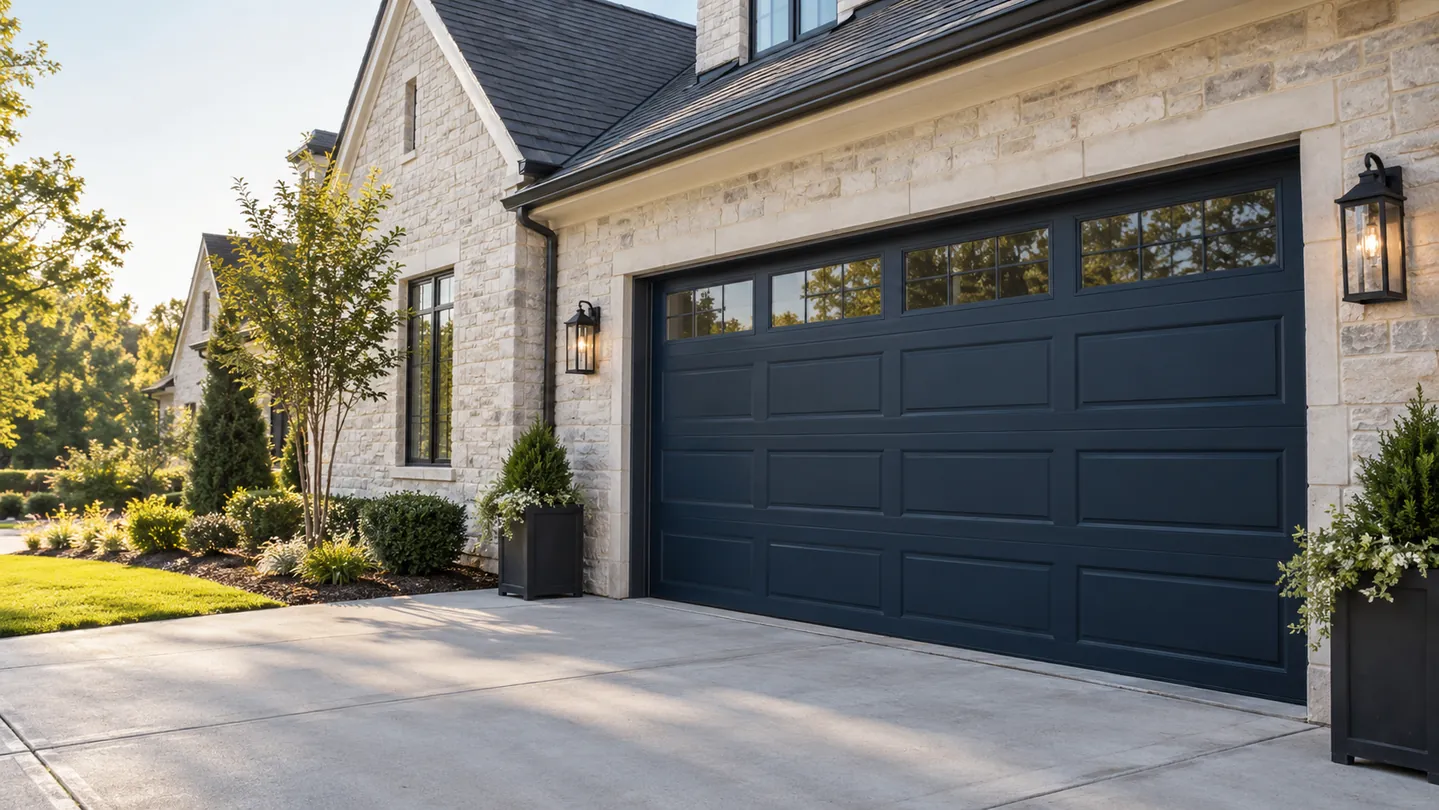 Pale stone house, navy sectional garage door, subtle black exterior lanterns