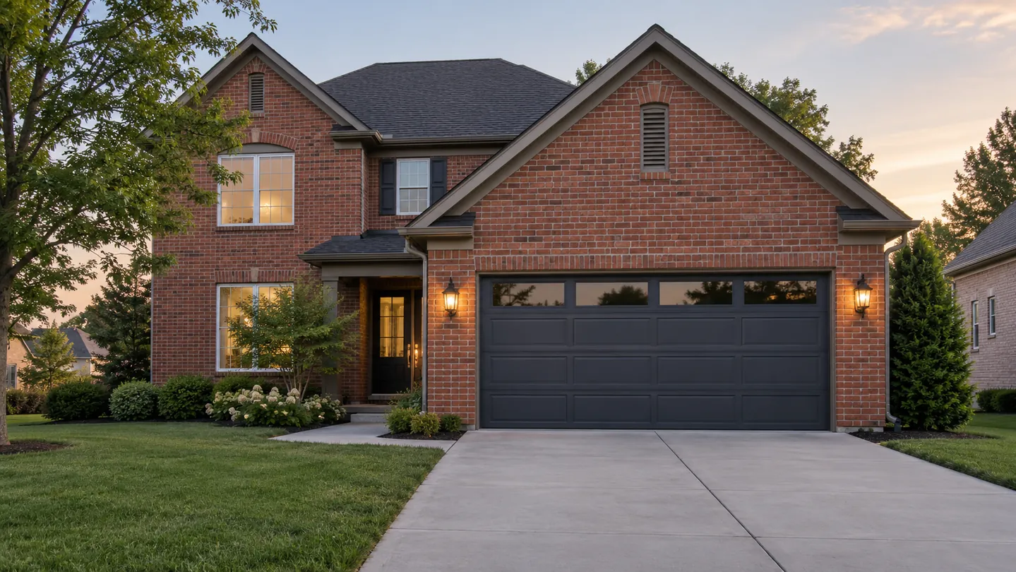 Red brick two-story house, charcoal modern sectional garage door with upper windows, a modest suburban middle tennessee setting