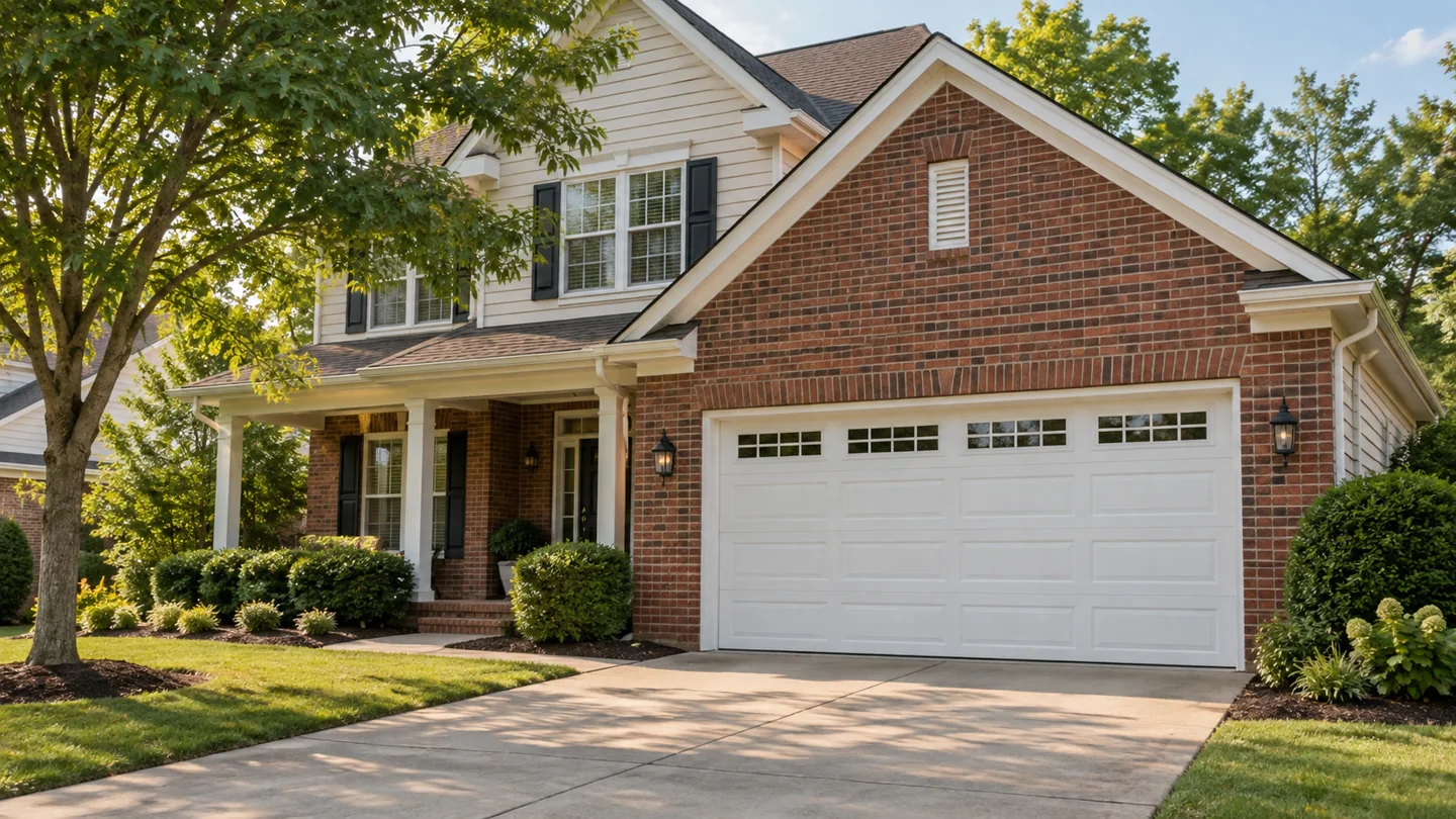 White sectional garage door on a red-brick suburban home