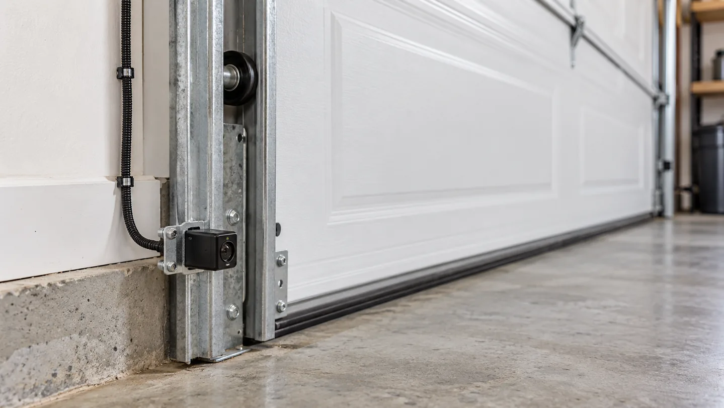 Photo-eye safety sensor beside a closed garage door and track