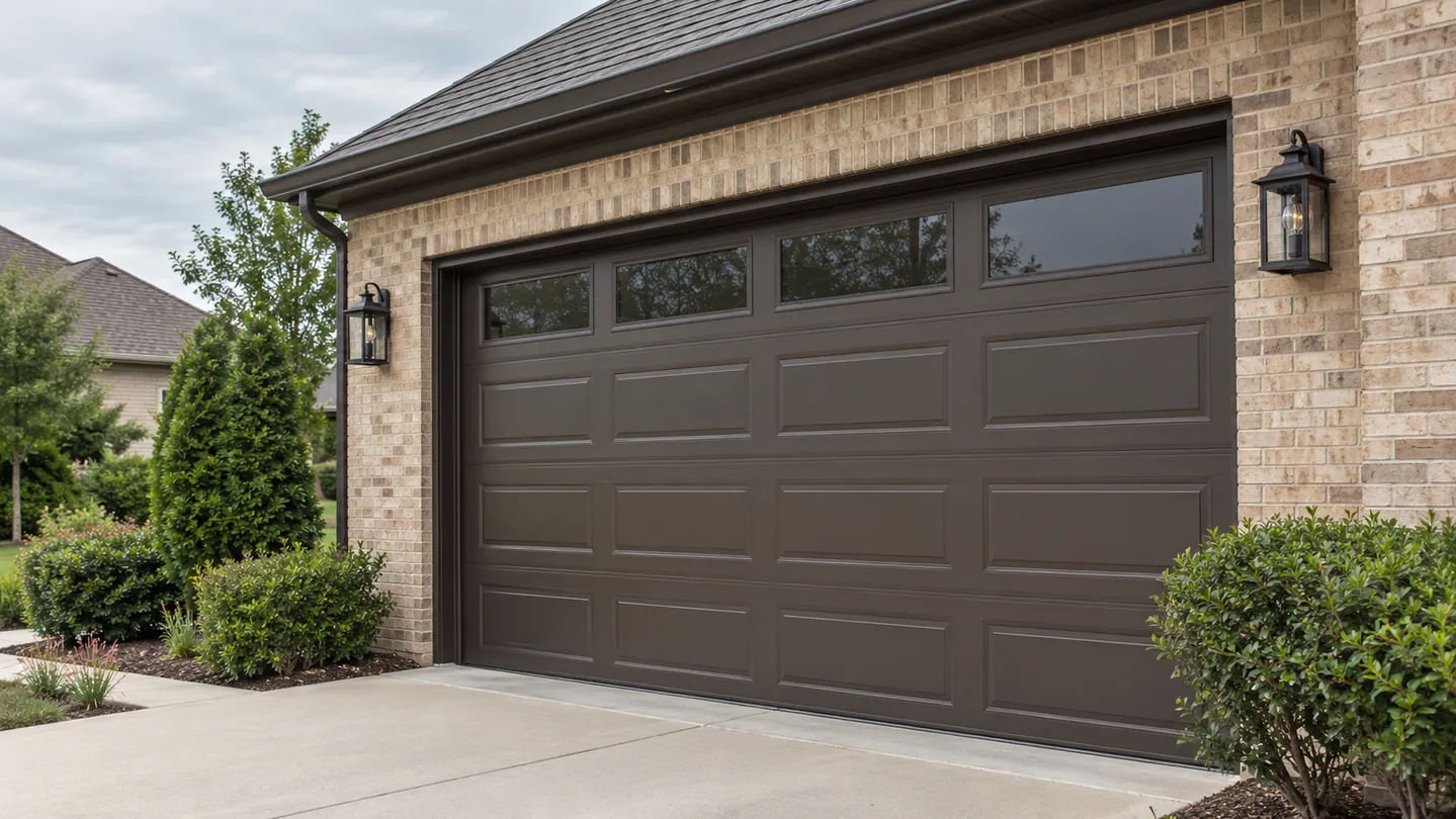 Tan brick home, dark bronze sectional garage door, simple concrete drive