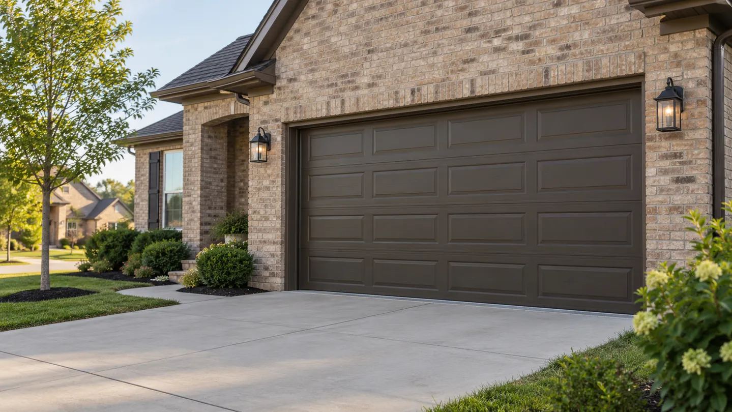 Tan brick home, dark bronze sectional garage door, simple concrete drive, a modest suburban middle tennessee setting