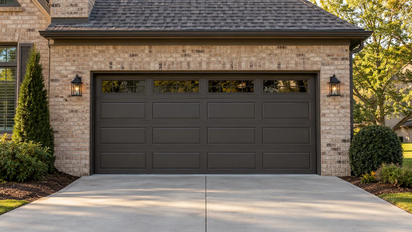 Tan brick home, dark bronze sectional garage door, simple concrete drive
