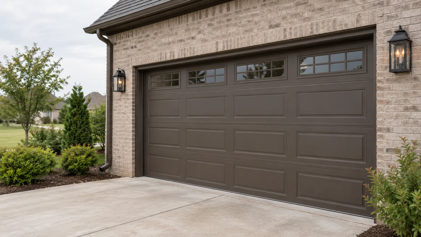 Tan brick home, dark bronze sectional garage door, simple concrete drive, a modest suburban middle tennessee setting