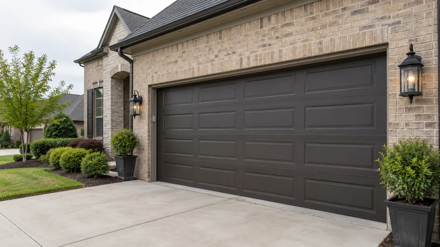 Tan brick home, dark bronze sectional garage door, simple concrete drive, a modest suburban middle tennessee setting