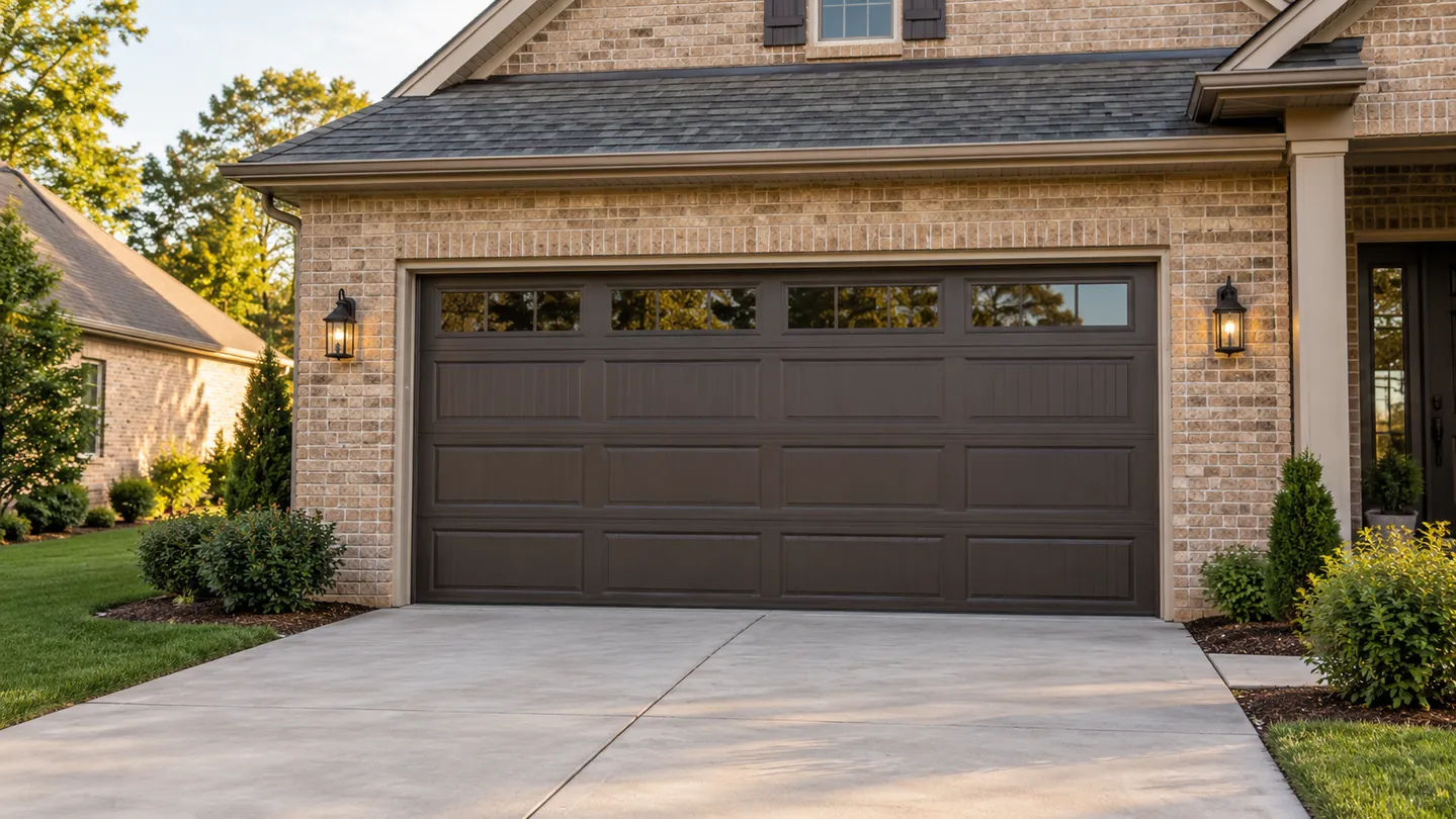 Tan brick home, dark bronze sectional garage door, simple concrete drive, a modest suburban middle tennessee setting