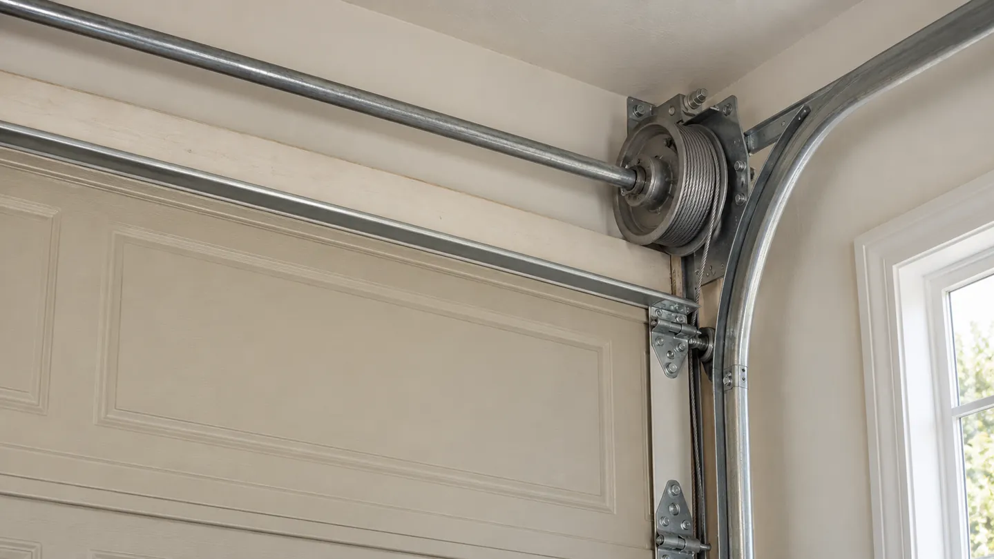The upper corner of a fully closed beige garage door viewed safely from below inside a tidy garage, intact horizontal shaft, bearing bracket and cable-drum assembly above the header, straight side track and neatly aligned hardware