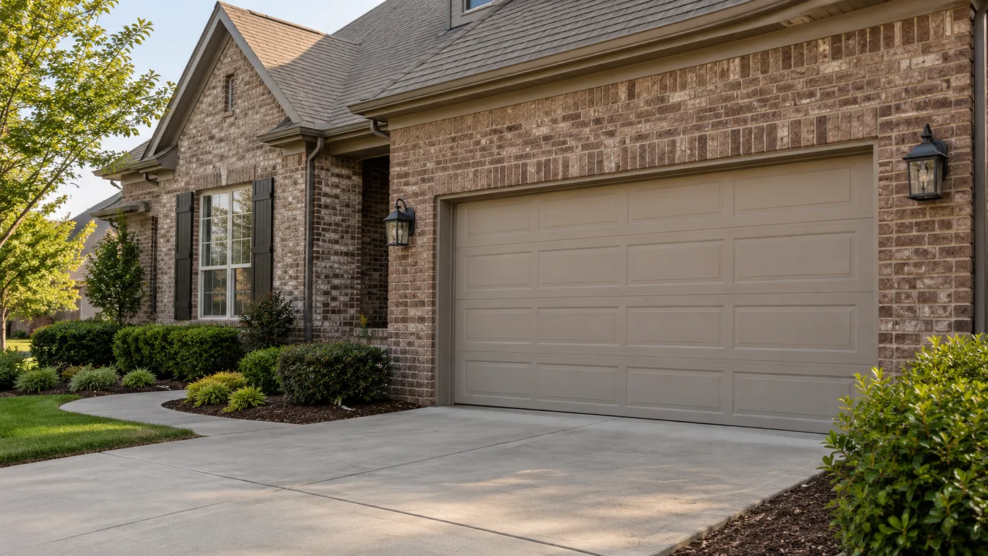 Traditional brown brick house, light taupe flush sectional garage door, neat hedges
