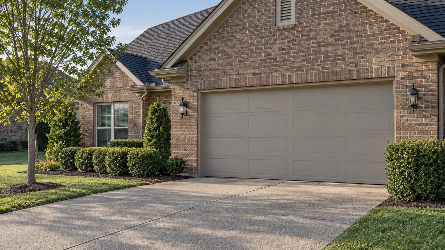 Traditional brown brick house, light taupe flush sectional garage door, neat hedges, a modest suburban middle tennessee setting