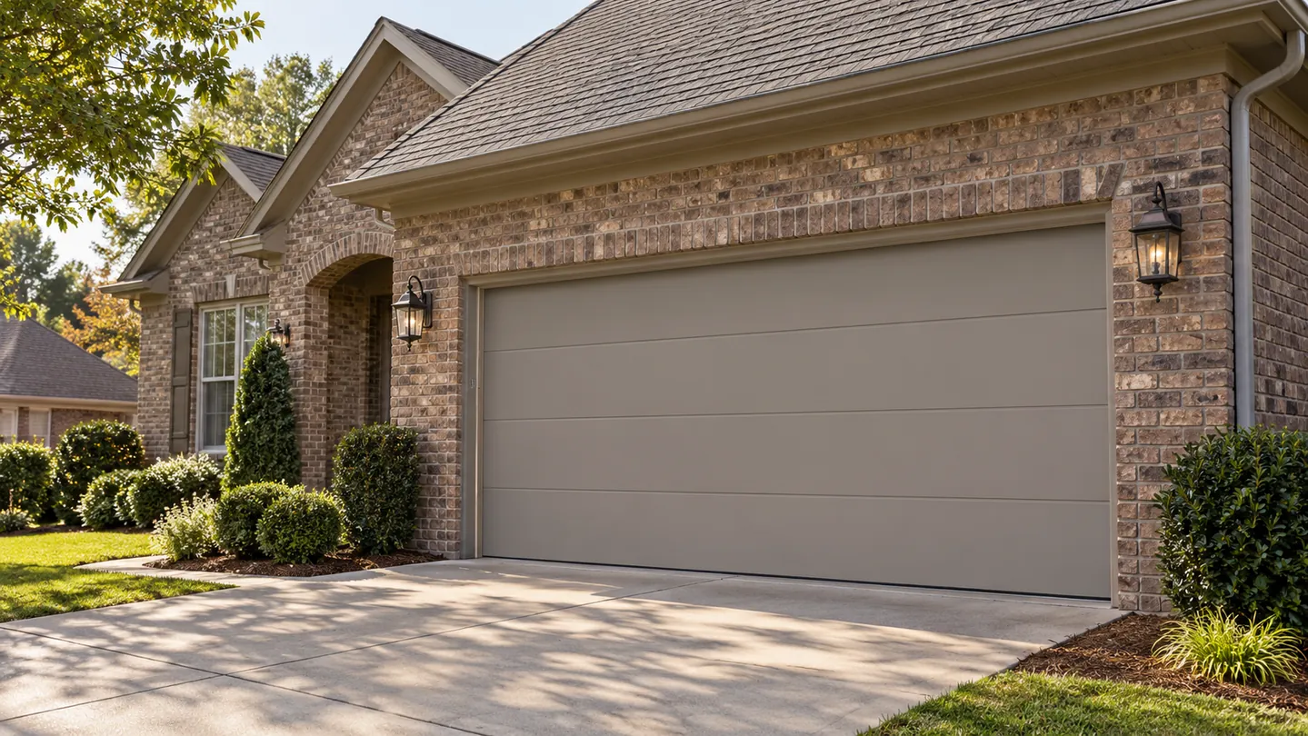 Traditional brown brick house, light taupe flush sectional garage door, neat hedges, a modest suburban middle tennessee setting
