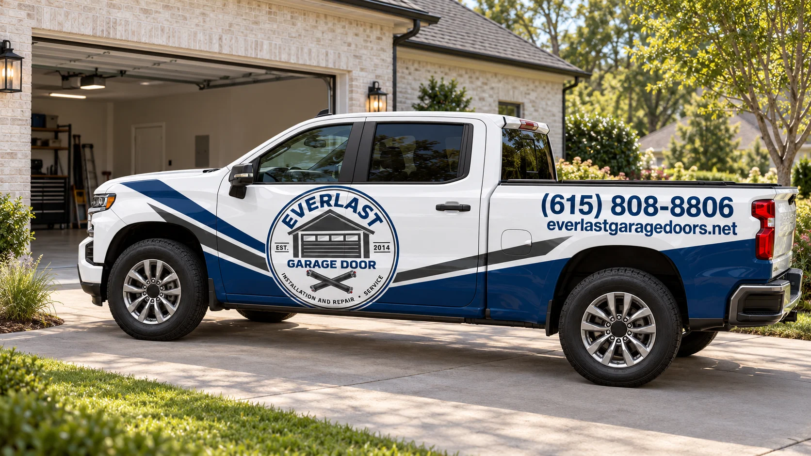 Illustration of an Everlast Garage Doors service truck in a residential driveway