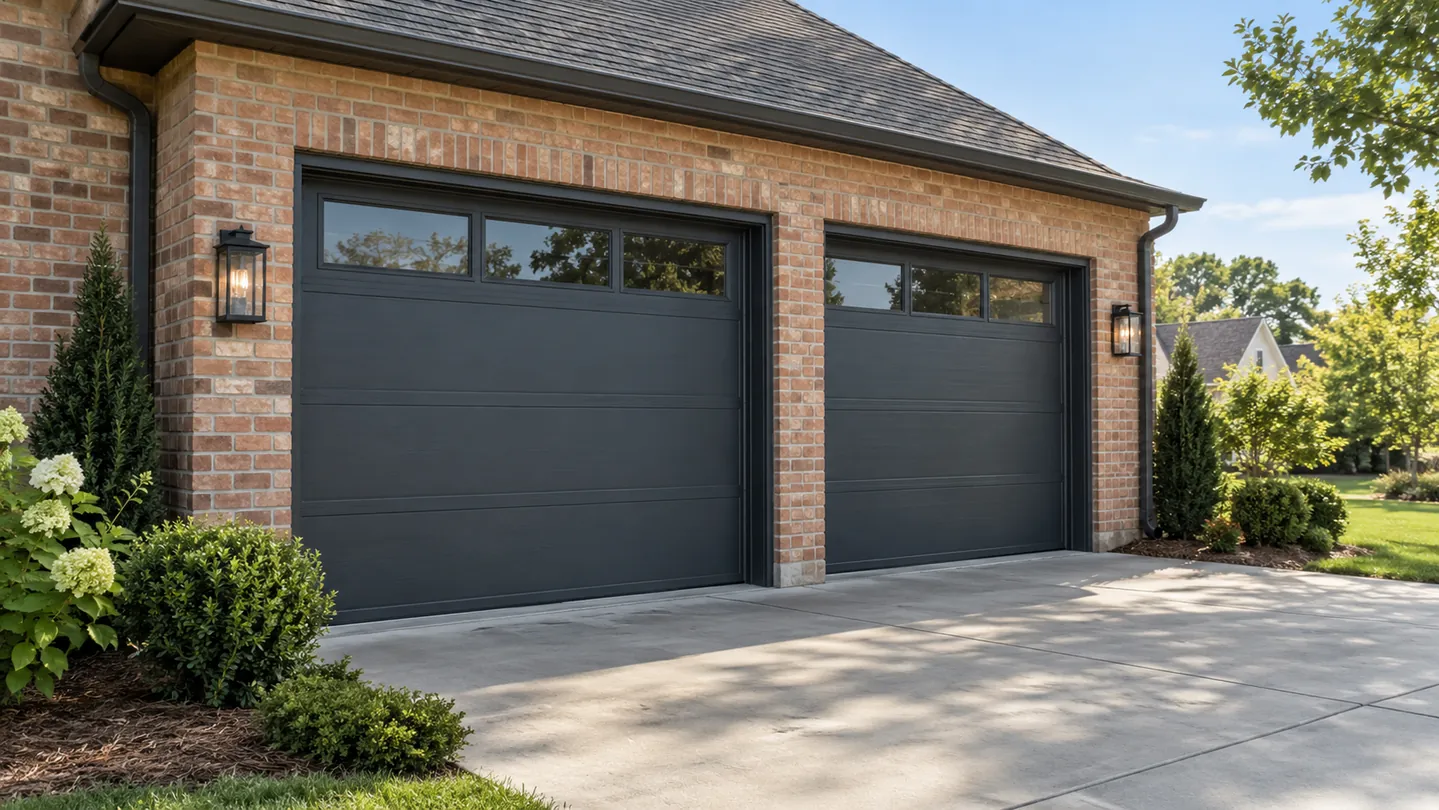 Two closed dark-charcoal modern sectional garage doors with slim upper windows on a modest red-brick house, tidy landscaping