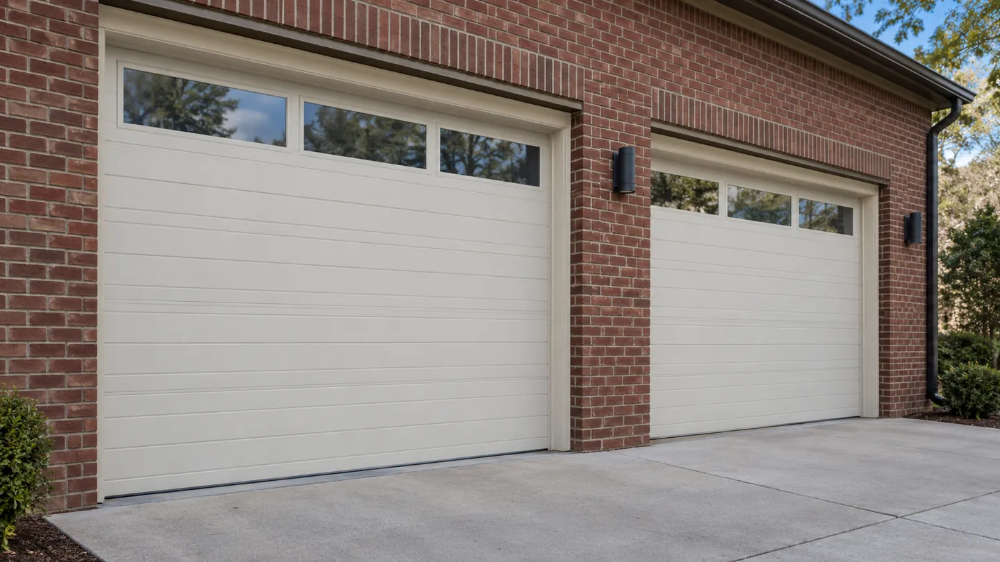 Two fully closed broad cream commercial sectional overhead doors with narrow upper windows on a neat small-business red-brown brick service building, plain clean paved apron