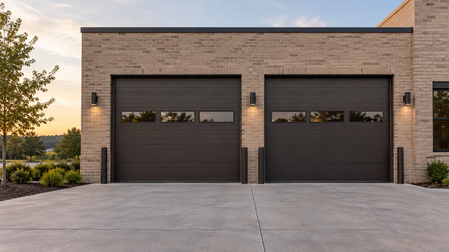 Two fully closed dark bronze commercial overhead doors on a low-rise tan-brick business building, clean paved service apron