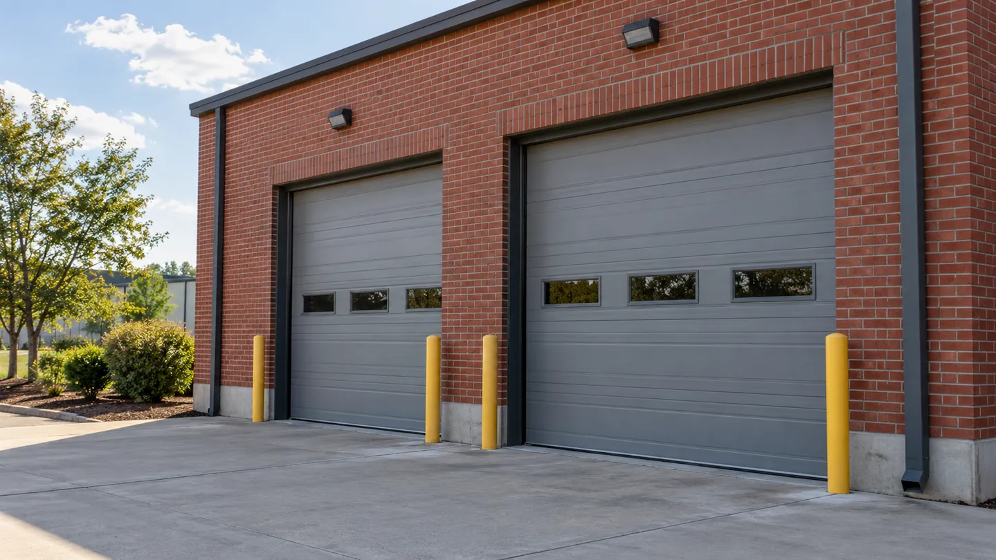 Two fully closed gray commercial sectional overhead doors on a tidy low-rise light-industrial red-brick service building, modest loading apron, no people or trucks