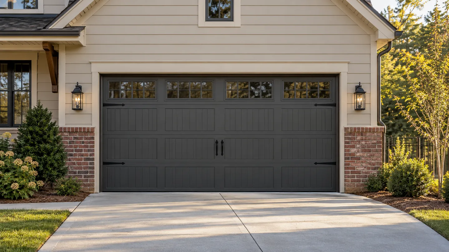 Warm beige siding home, dark gray carriage-style sectional garage door, red brick accents