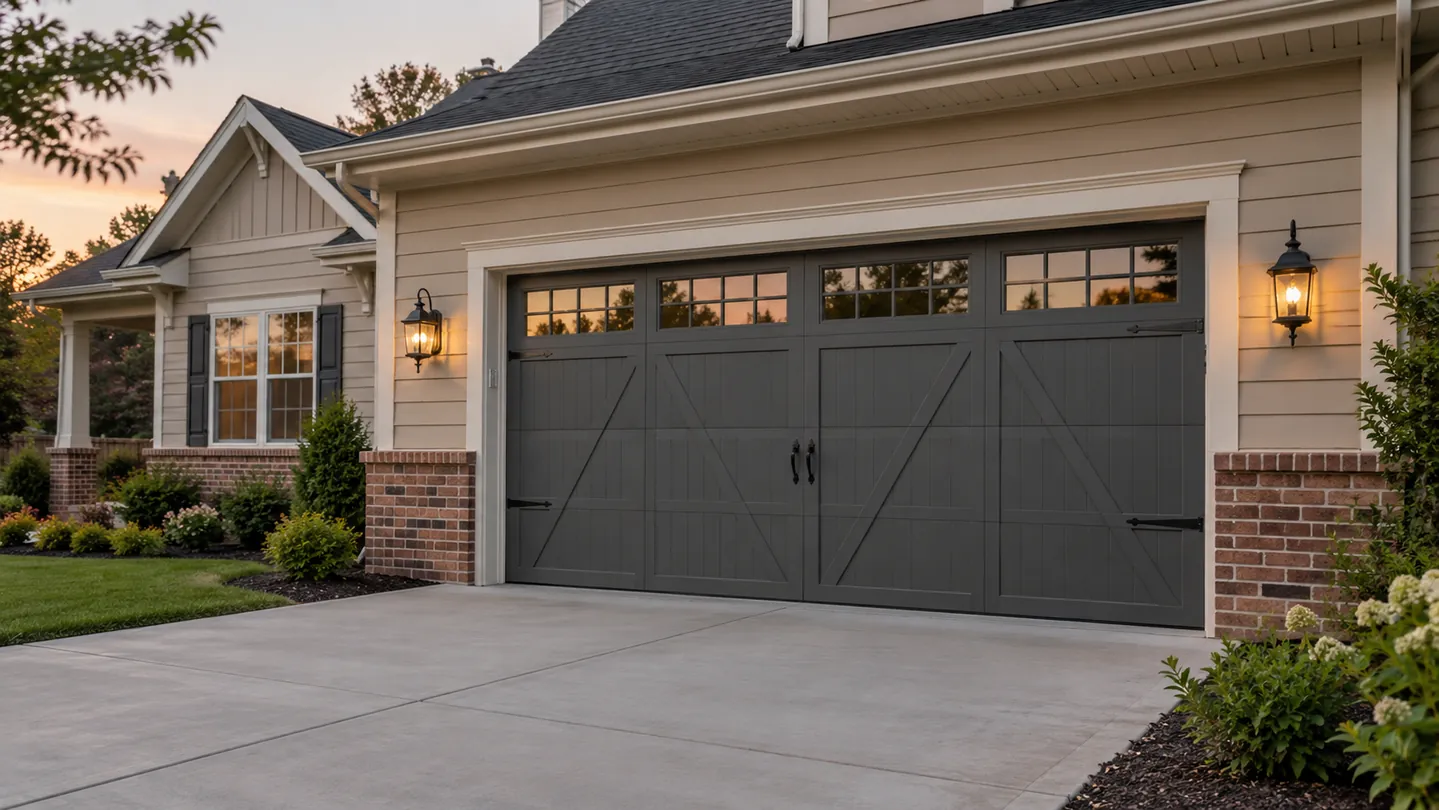 Warm beige siding home, dark gray carriage-style sectional garage door, red brick accents