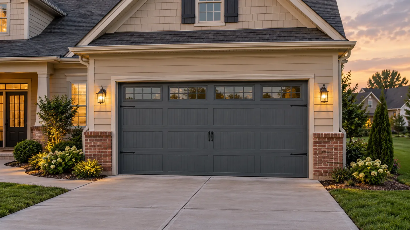 Warm beige siding home, dark gray carriage-style sectional garage door, red brick accents, a modest suburban middle tennessee setting