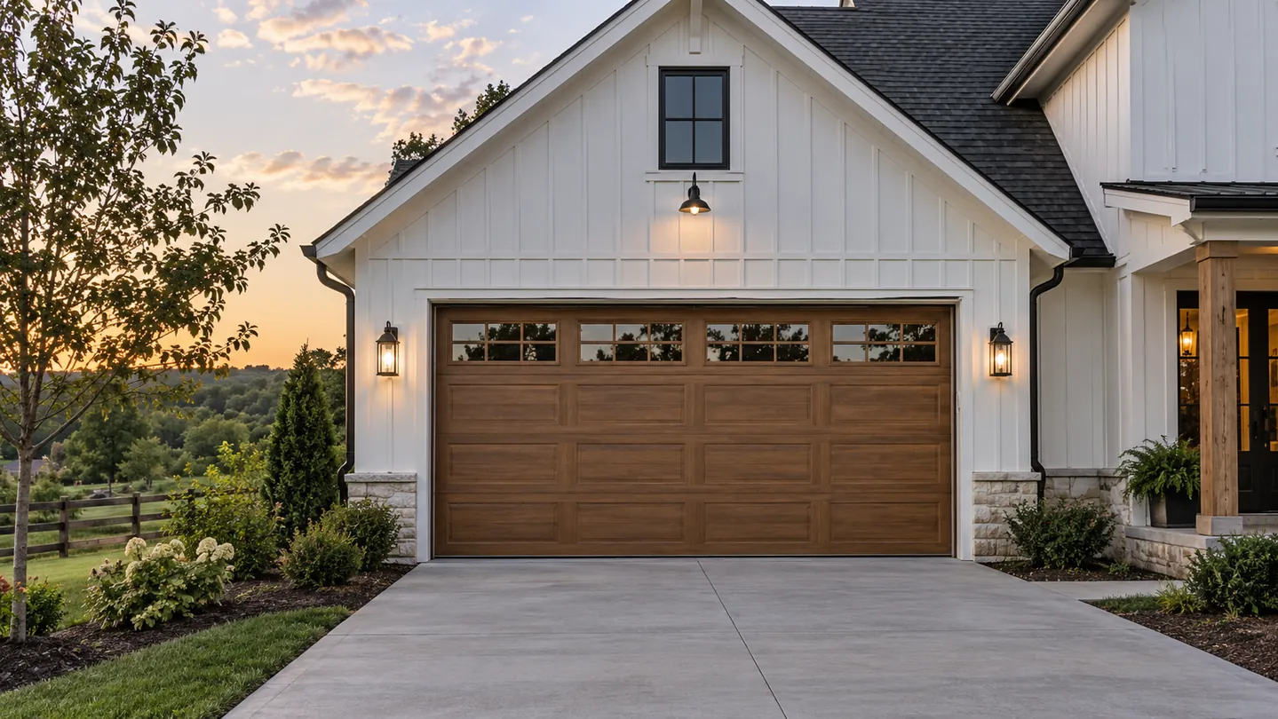 White board-and-batten house, natural wood-tone sectional garage door, restrained landscaping