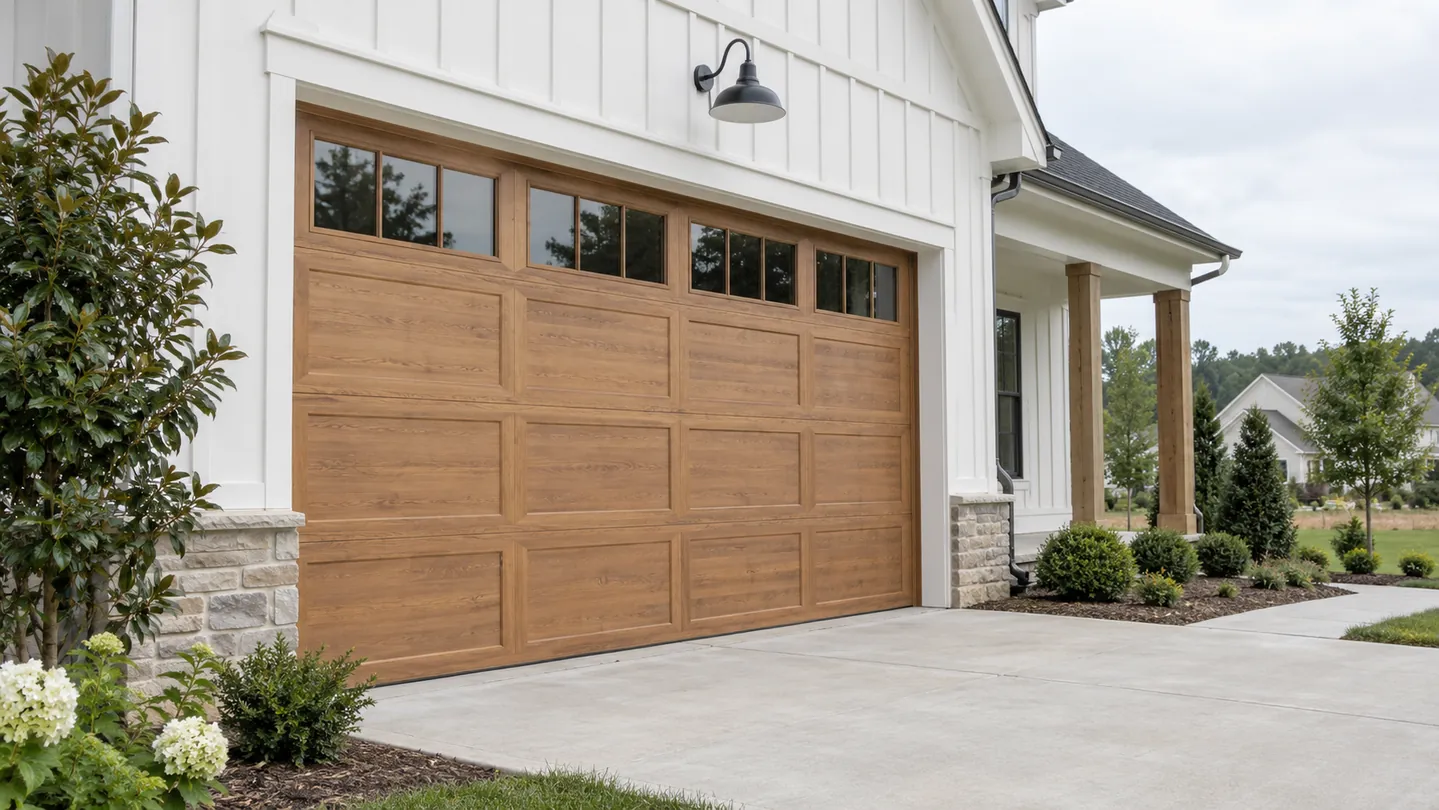White board-and-batten house, natural wood-tone sectional garage door, restrained landscaping, a modest suburban middle tennessee setting