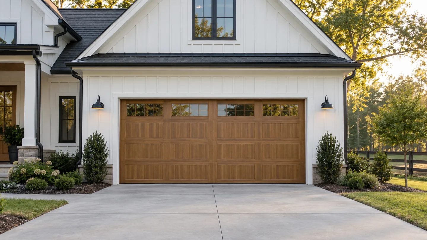 White board-and-batten house, natural wood-tone sectional garage door, restrained landscaping