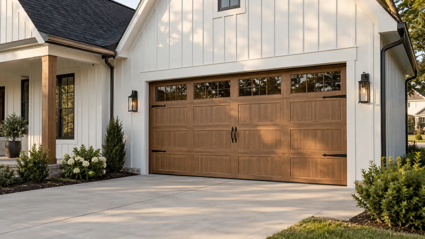 White board-and-batten house, natural wood-tone sectional garage door, restrained landscaping, a modest suburban middle tennessee setting